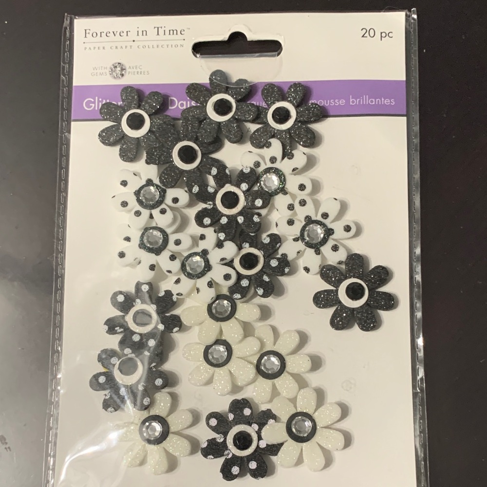 Black and White Glitter Daisy Stickers